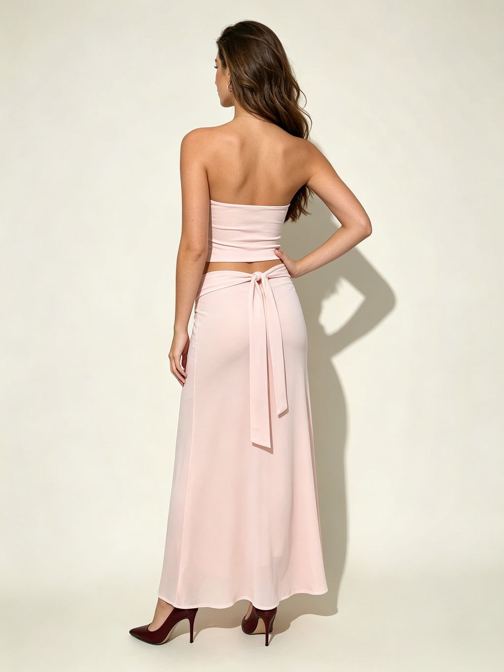 Blush Pink Strapless Top & Bow Maxi Skirt Set