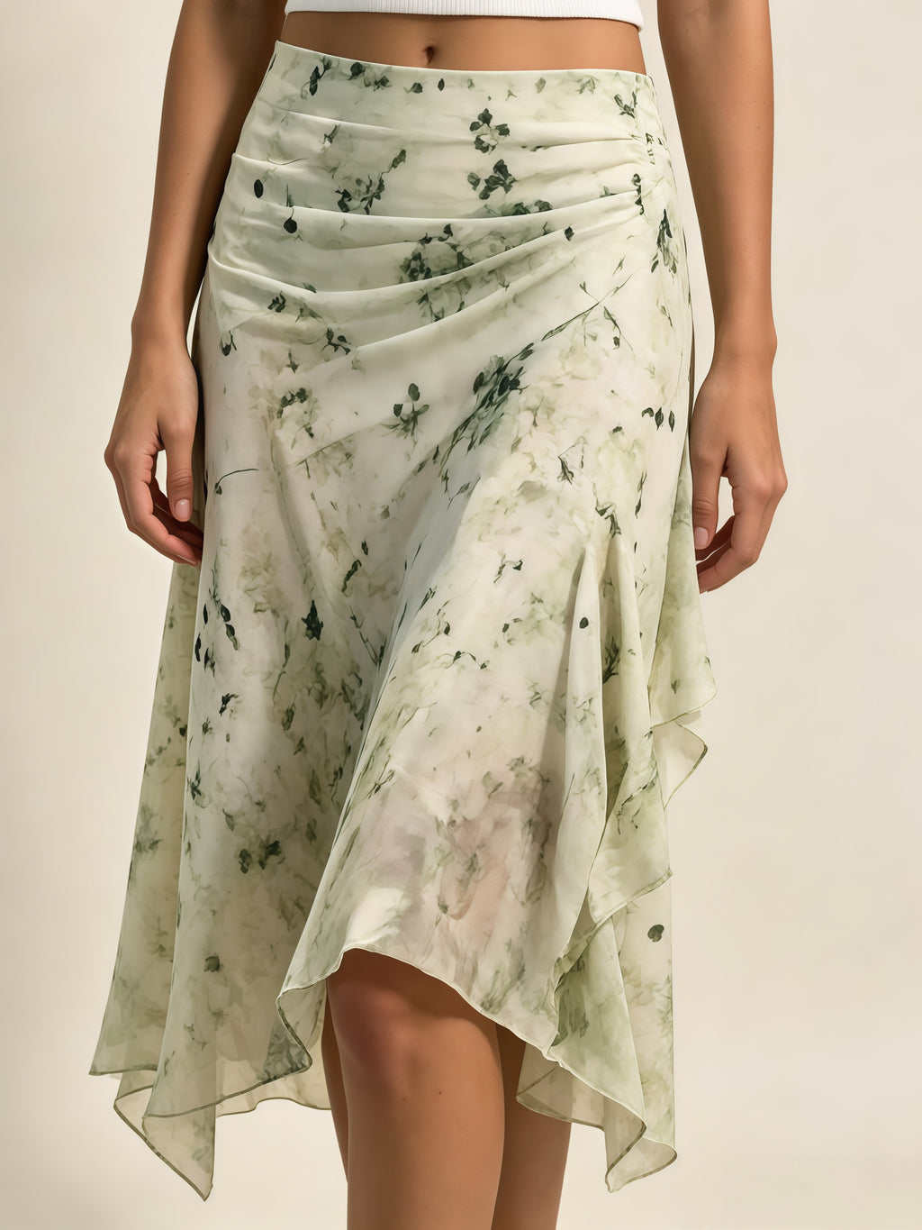 Green Floral Print Midi Skirt