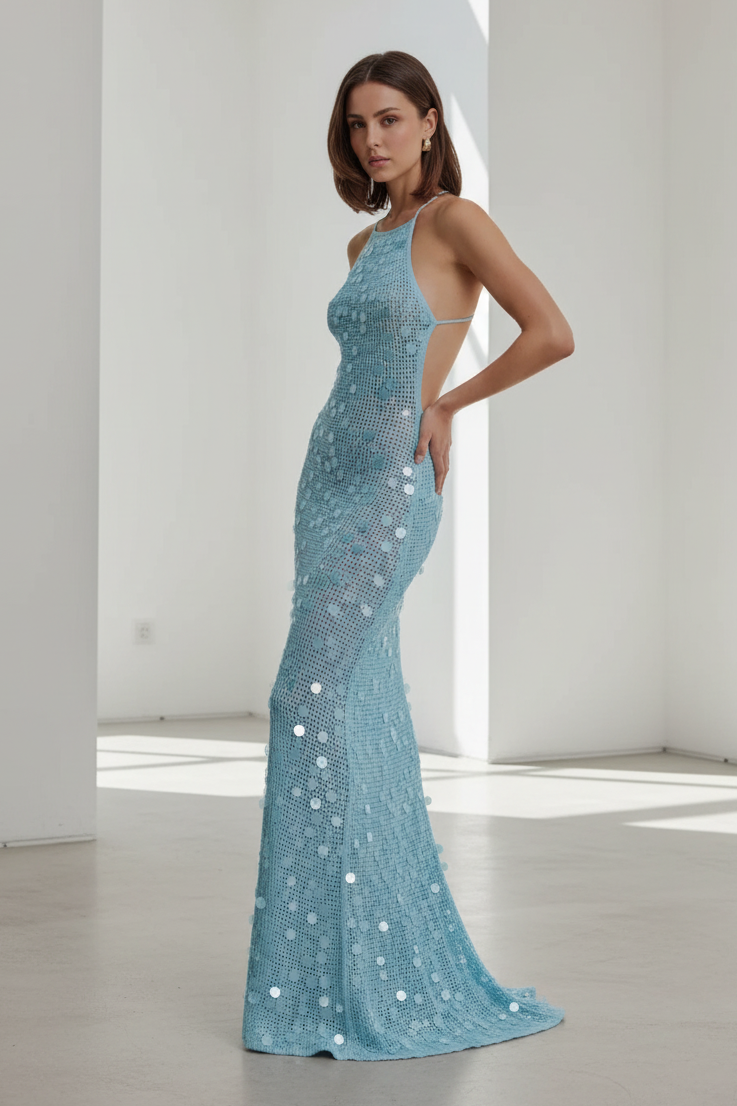 Sky Blue Crochet Sequin Mermaid Maxi Dress - White Wall