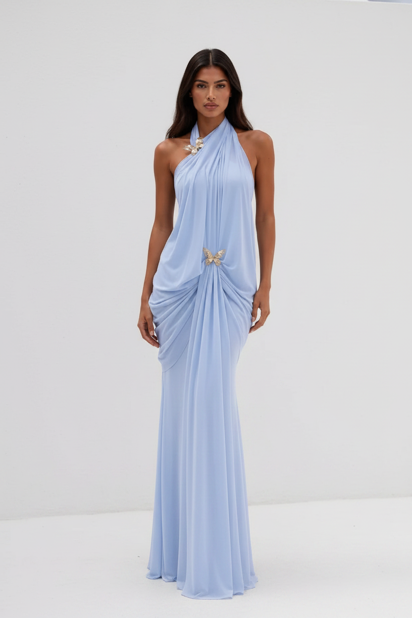 Sky Blue Grecian Gown - Gold Butterfly Neck Detail