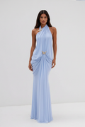 Sky Blue Grecian Gown - Gold Butterfly Neck Detail