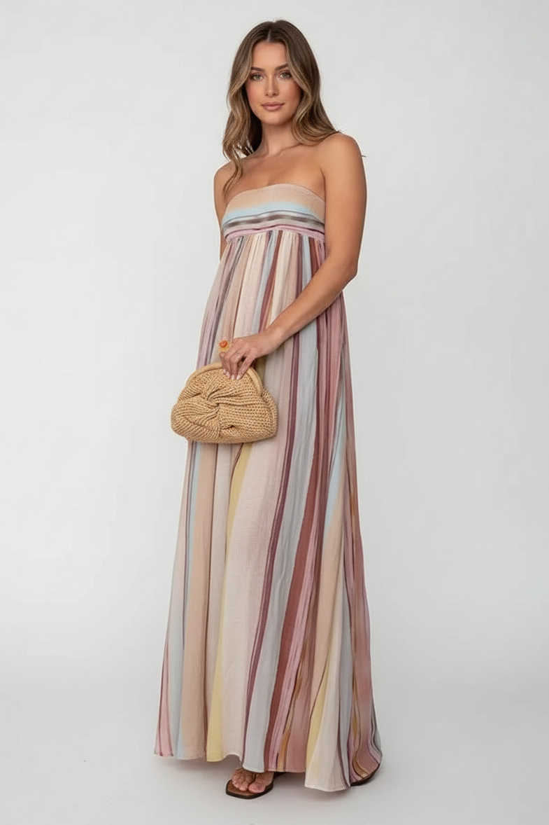 Strapless Colorful Stripe Maxi Dress - Clean Background