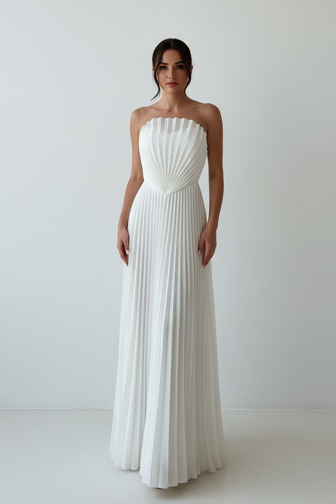 White Shell Pleated Maxi Dress - Clean Background