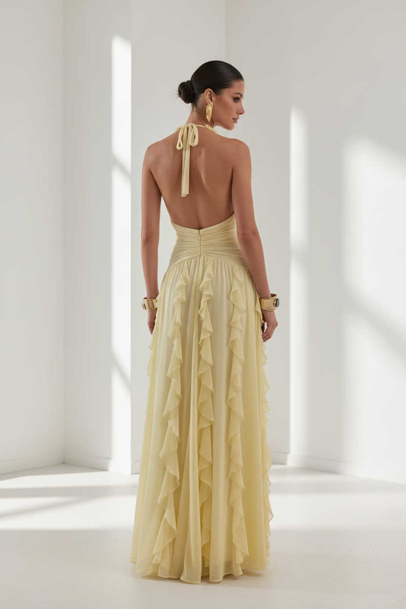 Yellow Halter Ruffle Chiffon Maxi Dress - Back View