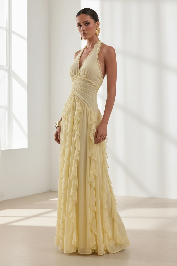Yellow Halter Ruffle Chiffon Maxi Dress - White Wall